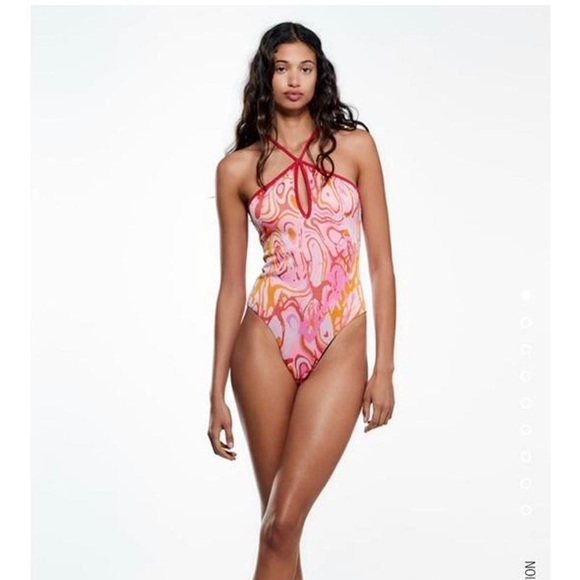 Zara Tops - Zara Retro Swirl Halter Bodysuit NWT Pink Orange Jacquard Keyhole Size S